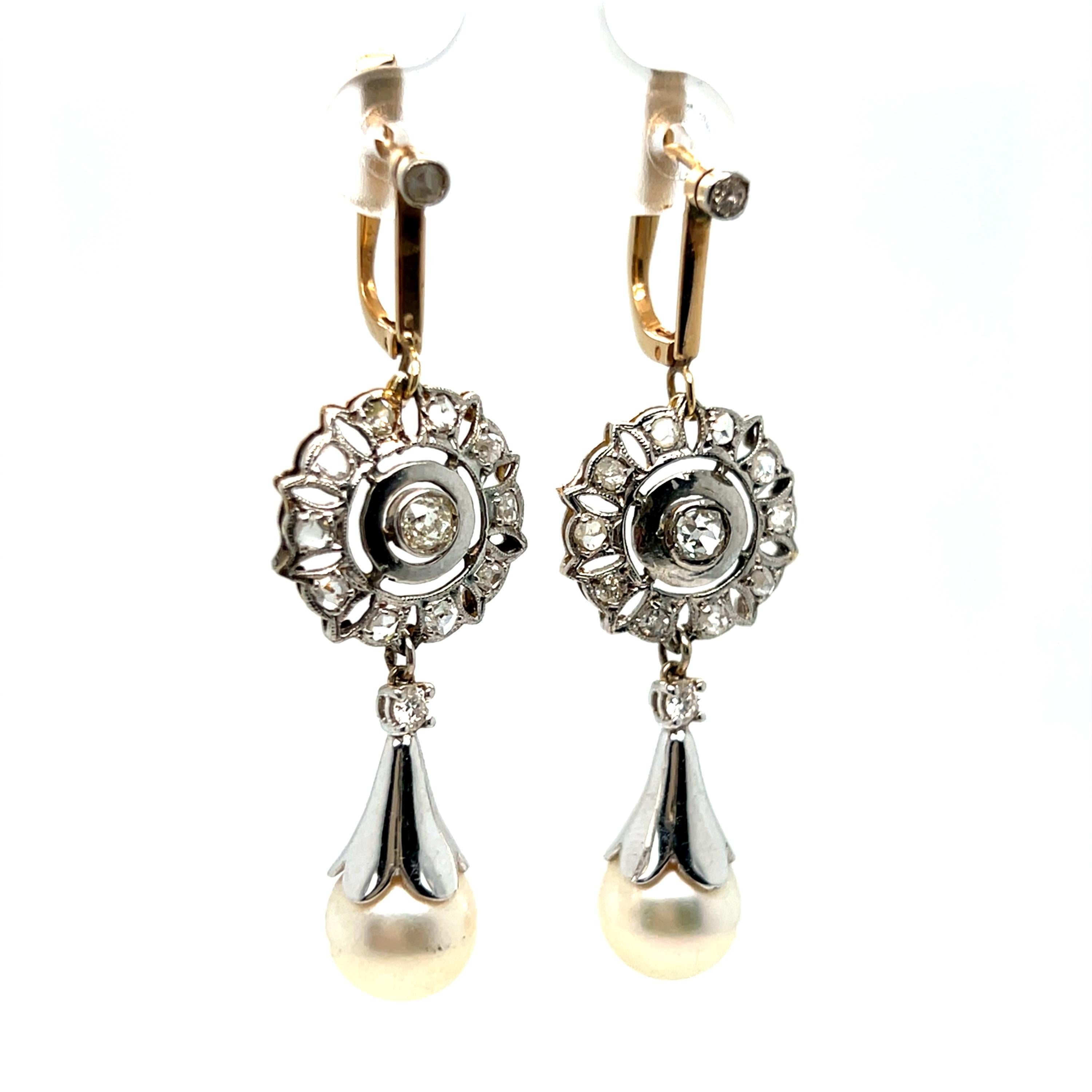 Beautiful Vintage Art Deco 14K Yellow/ White Gold Diamond and Pearl Earrings.